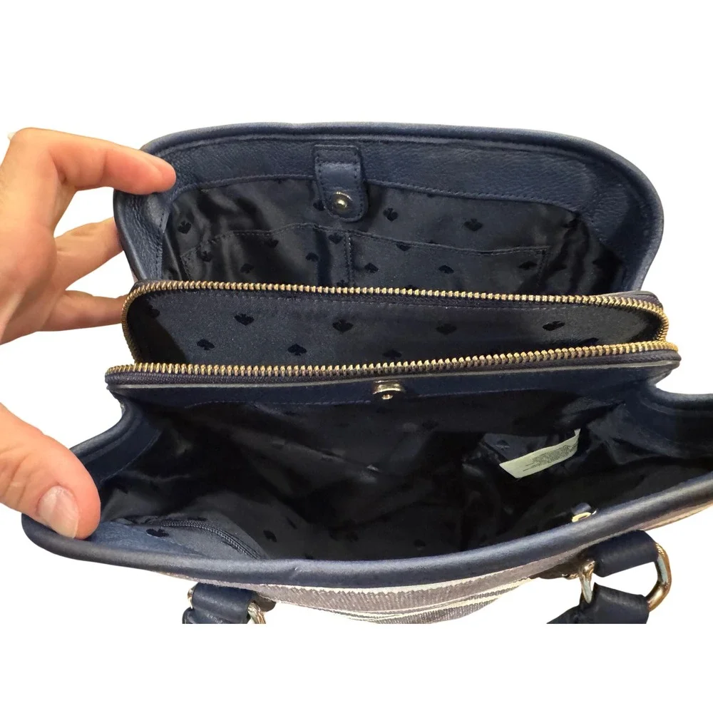 Kate Spade New York Navy White Striped Canvas Satchel Handbag Leather Trim